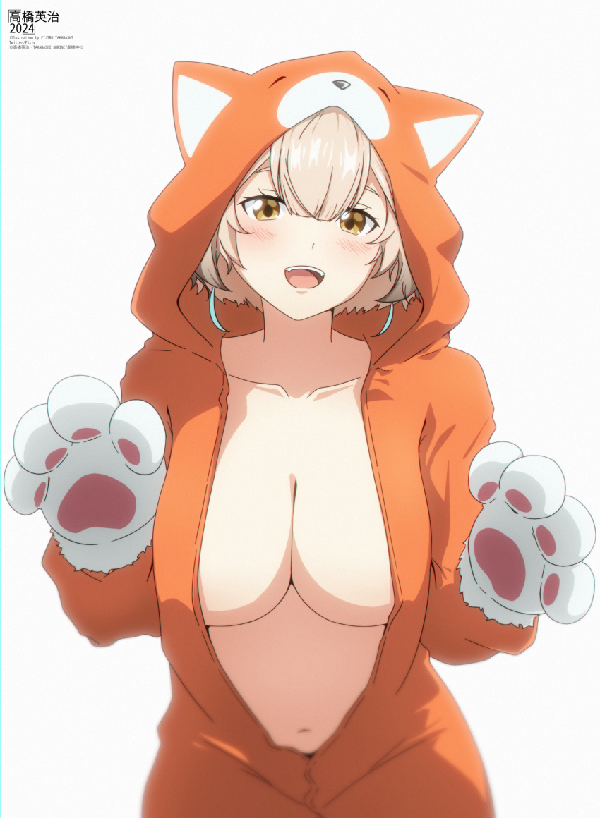 1girl :d absurdres animal_costume animal_hands animal_hood breasts brown_eyes brown_hair cat_costume commentary eijiru gloves grey_background hair_between_eyes highres hood indie_virtual_youtuber large_breasts looking_at_viewer onesie open_mouth paw_gloves revision sanagi_yuzu simple_background smile solo teeth upper_teeth_only virtual_youtuber white_gloves