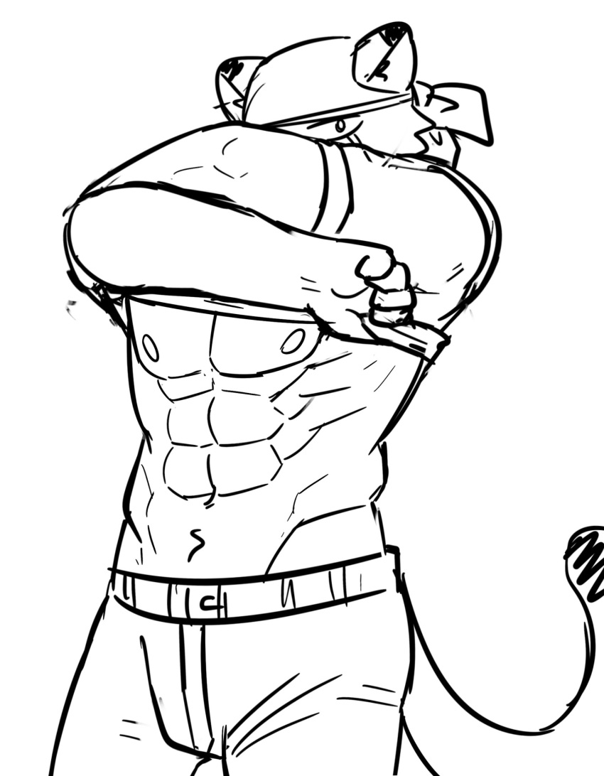 abs anthro biceps bottomwear clothing cougar felid feline fur hair hi_res looking_at_viewer male mammal monochrome muscular muscular_anthro muscular_male nipples northwoooof pants pecs regnar_(northwooof) scar shirt simple_background solo tail topwear undressing