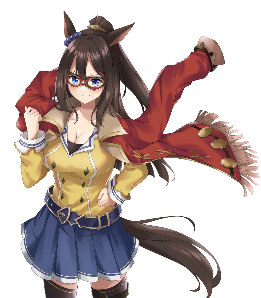 1girl absurdres alan_(210bush) animal_ears black_thighhighs blue_eyes breasts brown_hair cleavage clenched_hand closed_mouth commentary_request cowboy_shot domino_mask el_condor_pasa_(umamusume) hair_between_eyes hair_ornament highres horse_ears horse_girl jacket large_breasts long_hair mask open_clothes open_jacket pleated_skirt purple_skirt red_jacket simple_background skirt smile solo teeth thighhighs umamusume unworn_jacket white_background