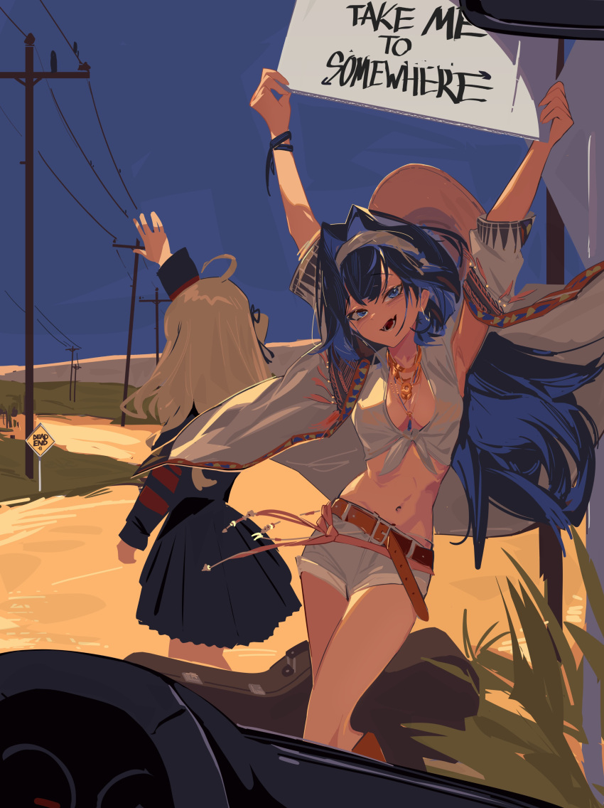 2girls absurdres ahoge alternate_costume arm_up arms_up belt blue_eyes blue_hair blue_sky boots breasts cleavage crop_top denim denim_shorts desert english_commentary english_text hair_intakes hairband hat highres hippie holding holding_sign hololive hololive_english knee_boots light_brown_hair long_hair multiple_girls nanashi_mumei navel official_alternate_costume old_metal_666 open_mouth ouro_kronii outdoors road_sign shirt shorts sidelighting sign skirt sky standing sun_hat tied_shirt virtual_youtuber