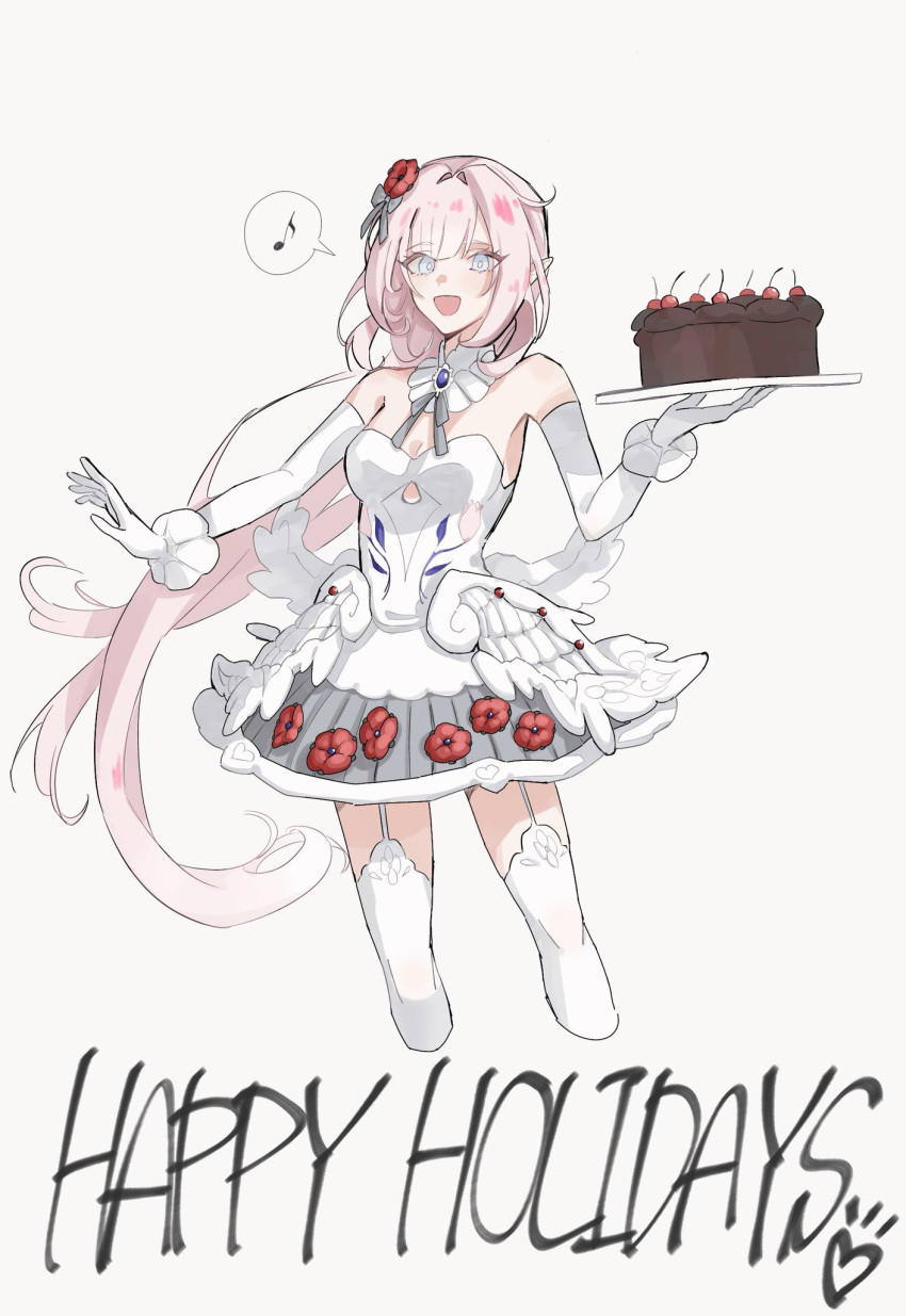 1girl :d bare_shoulders blue_eyes breasts cake cropped_legs dress elbow_gloves elf elysia_(honkai_impact) english_text flower food gloves grey_background hair_flower hair_ornament highres holding holding_food honkai_(series) honkai_impact_3rd long_hair looking_at_viewer medium_breasts musical_note open_mouth pink_hair pointy_ears red_flower red_rose rose simple_background smile solo spoken_musical_note strapless strapless_dress thighhighs very_long_hair white_dress white_gloves white_thighhighs zhen_wuzei