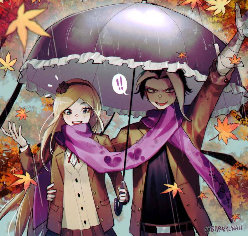 1boy 1girl :d arm_up autumn autumn_leaves bandaged_arm bandages bangs barry_nah belt black_belt black_hair blush brown_jacket brown_pants brown_skirt brown_vest danganronpa_(series) danganronpa_3_(anime) green_eyes heart highres holding holding_umbrella hope's_peak_academy_school_uniform jacket long_sleeves looking_at_viewer multicolored_hair neck_ribbon official_alternate_costume official_alternate_hairstyle open_mouth outdoors pants pink_scarf rain red_ribbon ribbon scarf school_uniform shirt_tucked_in short_hair skirt smile sonia_nevermind tanaka_gandamu tree two-tone_hair umbrella vest white_hair