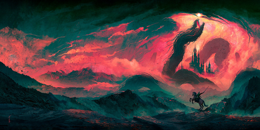 1boy album_cover building castle cloud colossus commentary cover dragon english_commentary fantasy highres horse horseback_riding limited_palette link monster mountain mountainous_horizon ninois open_mouth outdoors rearing red_sky riding scenery silhouette sky sun the_legend_of_zelda very_wide_shot wyrm