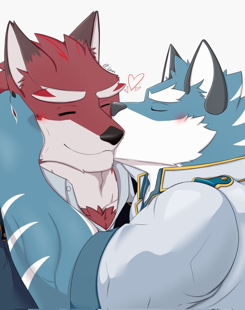 2boys argo_(knights_college) blush diederich_olsen_(knight's_college) furry furry_male heart highres kiss kissing_cheek knights_college luis312 multiple_boys white_background wolf_boy yaoi