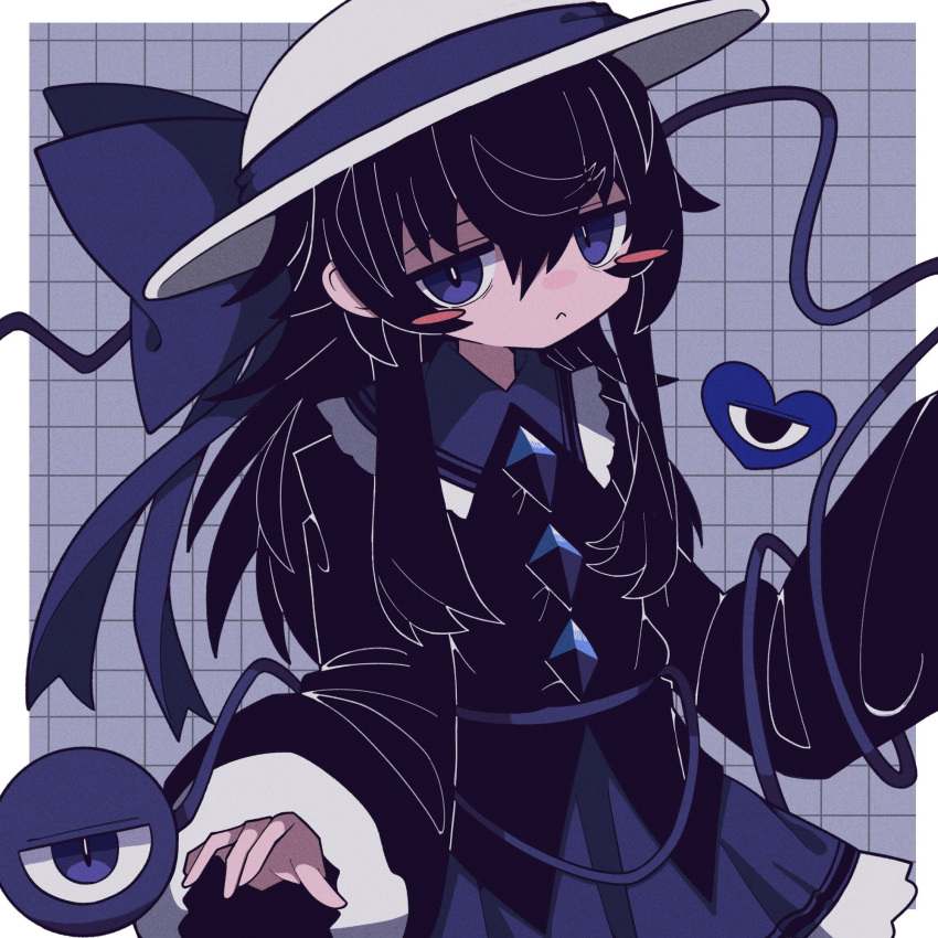 1girl :&lt; alternate_color bags_under_eyes black_hair blue_eyes blue_ribbon blue_skirt checkered_background collar frilled_collar frilled_sleeves frills hat hat_ribbon highres jitome komeiji_koishi long_hair looking_at_viewer ribbon skirt third_eye touhou zunusama