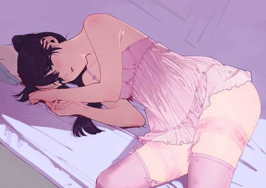 1girl babydoll bare_shoulders black_hair blue_eyes blush breasts commentary floral_print garter_straps highres houshou_(kancolle) kantai_collection long_hair looking_at_viewer lying on_bed on_side panties parted_lips pillow pink_babydoll pink_panties ponytail see-through shishanmo small_breasts solo thighhighs underwear