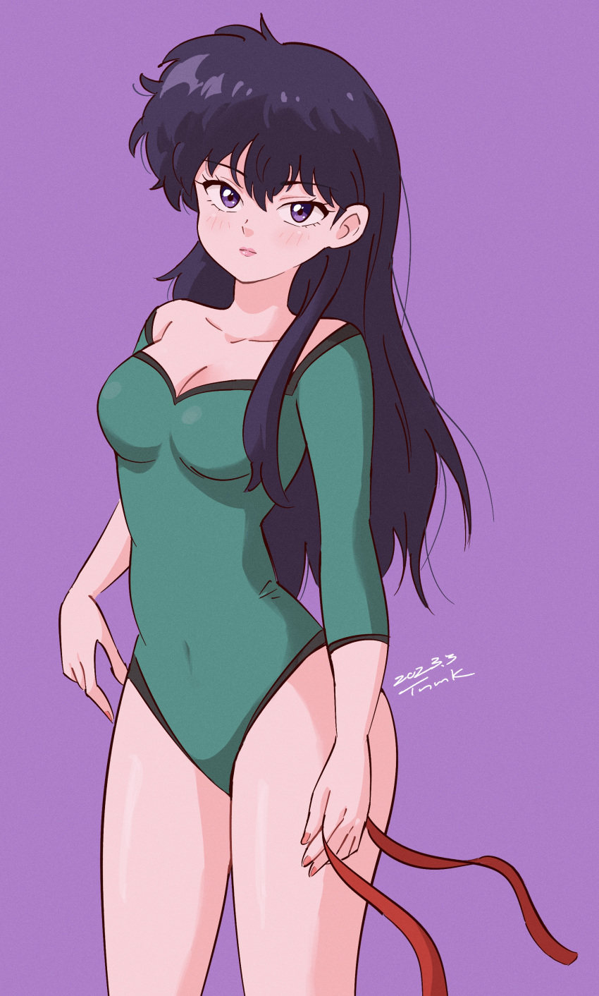 1girl absurdres athletic_leotard black_hair blue_eyes blush breasts cleavage covered_navel cowboy_shot dated eyelashes fingernails green_leotard gymnastics highres holding kunou_kodachi leotard long_hair looking_at_viewer nail_polish pink_lips purple_background ranma_1/2 red_nails rhythmic_gymnastics ribbon signature solo thighs tsunemoku