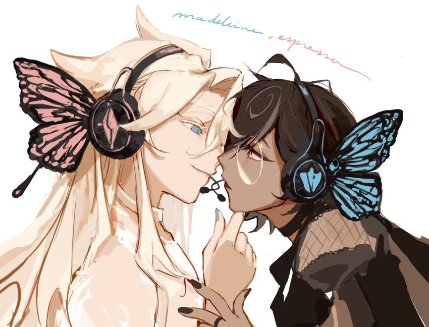 2boys black_dress black_hair black_nails blonde_hair blue_eyes blue_nails butterfly_hair_ornament butterfly_wings character_name closed_mouth cookie_run crossdressing curtained_hair dark-skinned_male dark_skin desk_(cccccccc_ds) dress espresso_cookie eye_contact face-to-face from_side hair_between_eyes hair_ornament hair_over_one_eye hand_on_another's_chin headphones headset highres humanization imminent_kiss insect_wings jewelry long_hair looking_at_another madeleine_cookie magnet_(vocaloid) male_focus multiple_boys nail_polish orange_eyes parted_lips profile ring round_eyewear short_hair simple_background smile white_background white_dress wings yaoi
