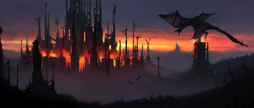 animal_focus building burning city cityscape cloud cloudy_sky commentary destruction dragon emmanuel_shiu english_commentary fantasy fire flying from_side highres no_humans open_mouth orange_sky original outdoors scenery sky sunset tail western_dragon wings wyvern