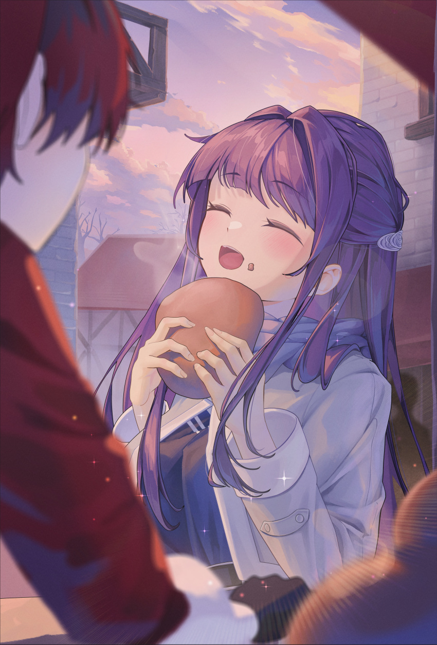 1boy 1girl absurdres bare_tree blue_scarf blurry blurry_foreground blush bread breasts brick_wall burger closed_eyes cloud coat dating dress eating fern_(sousou_no_frieren) food food_on_face highres holding holding_food lazy_cat long_hair long_sleeves open_mouth outdoors purple_hair purple_sky red_hair scarf sidelocks sky smile sousou_no_frieren sparkle stark_(sousou_no_frieren) tree white_coat