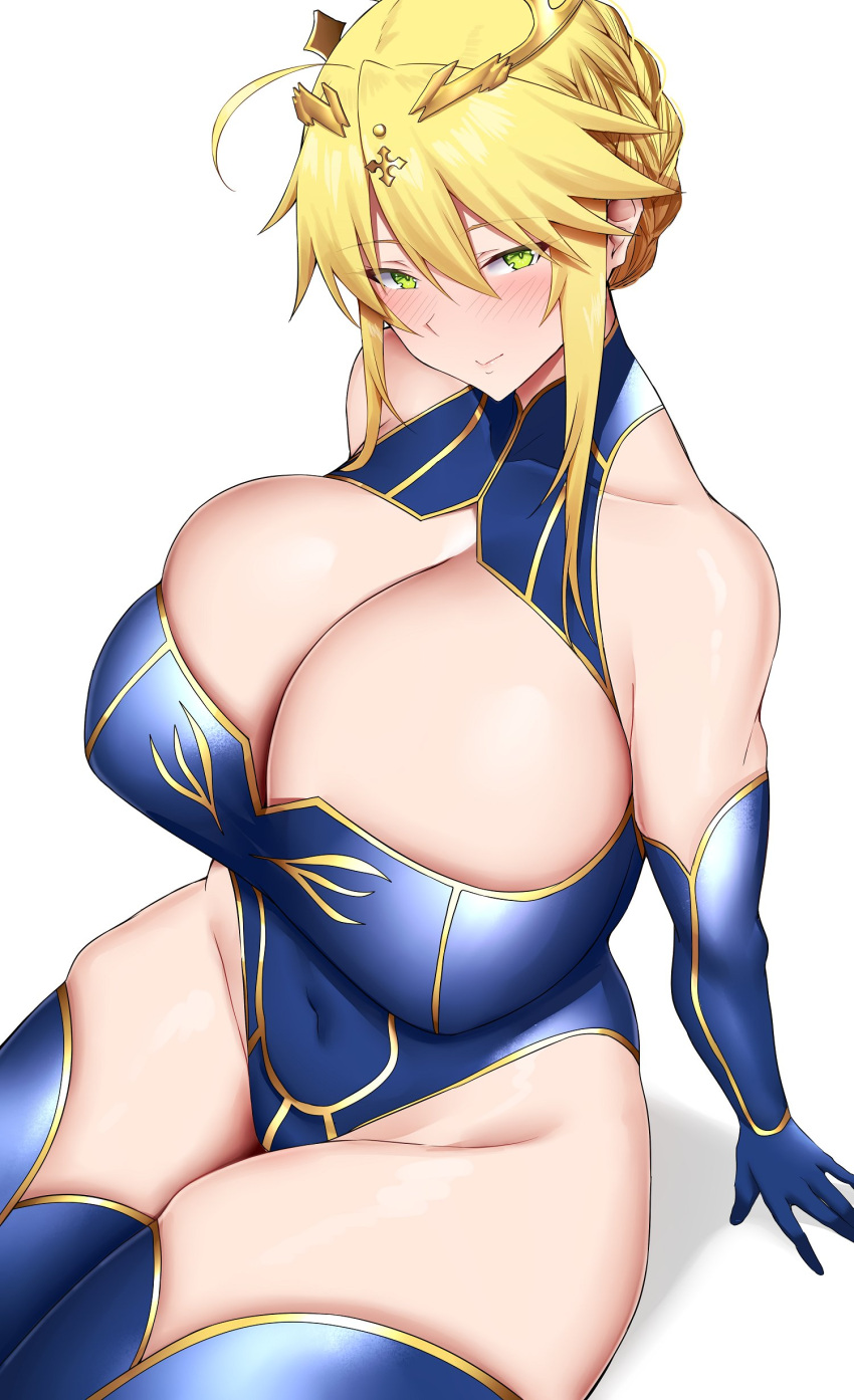 1girl absurdres arind_yudha artoria_pendragon_(fate) artoria_pendragon_(lancer)_(fate) bare_shoulders blonde_hair blue_gloves blue_leotard blue_thighhighs blush breasts cleavage closed_mouth covered_navel elbow_gloves fate/grand_order fate_(series) gloves green_eyes highleg highleg_leotard highres huge_breasts leotard looking_at_viewer medium_hair sidelocks simple_background sitting solo thighhighs thighs white_background