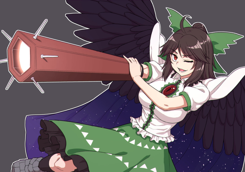 1girl ahoge arm_cannon bangs bird_wings black_background black_hair black_wings bow breasts cape center_frills frilled_skirt frills green_bow green_skirt hair_bow kakone large_breasts one_eye_closed open_mouth ponytail red_eyes reiuji_utsuho shirt short_sleeves simple_background skirt smile solo starry_sky_print third_eye touhou weapon white_cape white_shirt wings