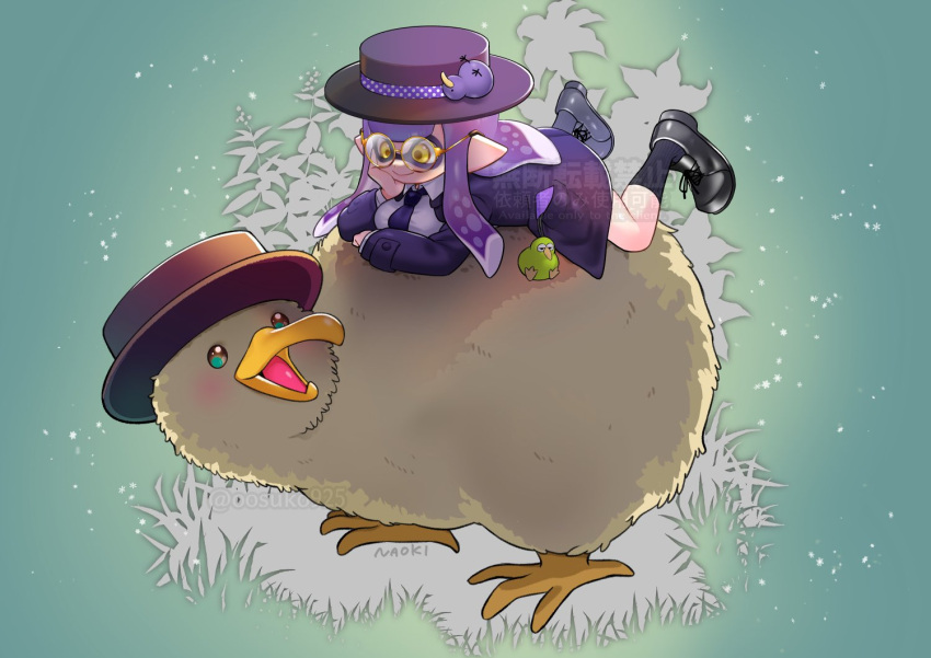 1girl artist_name beak bird black_footwear black_socks blue_necktie boots closed_mouth commentary_request cross-laced_footwear glasses grey_fur hat inkling inkling_girl inkling_player_character long_hair lying naoki_(oosuko) necktie on_stomach pointy_ears purple_hair purple_headwear round_eyewear smile socks splatoon_(series) tentacle_hair watermark yellow-framed_eyewear yellow_eyes