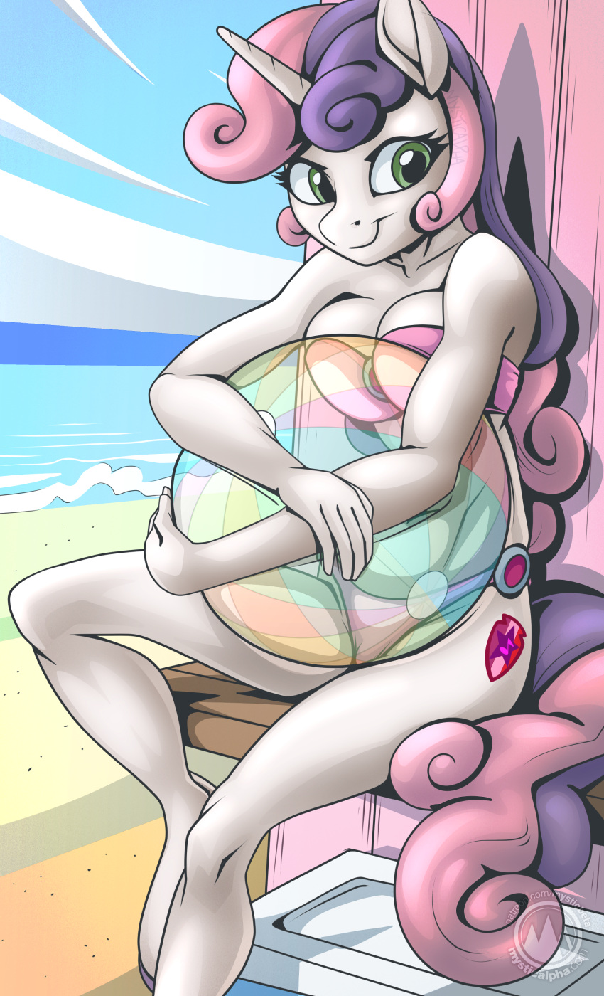 2023 absurd_res aged_up anthro anthrofied ball beach beach_ball bikini breast_squish breasts cleavage clothed clothing cutie_mark digital_drawing_(artwork) digital_media_(artwork) equid equine eyelashes female friendship_is_magic green_eyes hair hasbro hi_res horn inflatable looking_at_viewer mammal multicolored_hair my_little_pony mysticalpha mythological_creature mythological_equine mythology pink_bikini pink_clothing pink_hair pink_swimwear pink_tail portrait purple_hair purple_tail sand sea sitting smile smiling_at_viewer solo squish sweetie_belle_(mlp) swimwear tail two_tone_hair two_tone_tail unguligrade_anthro unicorn water white_body