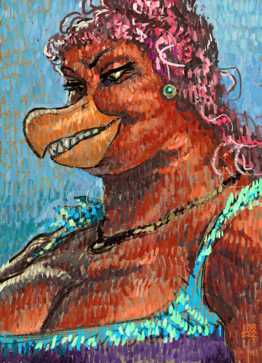 2022 anthro avian beak big_breasts blue_background breasts bust_portrait cleavage cleavage_overflow clothed clothing curled_hair curvaceous curvy_figure dyna_soar ear_piercing ear_ring eyelashes female hair hi_res jewelry looking_down necklace orange_beak painting piercing pink_hair pointillism portrait purple_clothing purple_topwear red_body red_skin ring_piercing signature simple_background smile smirk solo teeth three-quarter_portrait toothed_beak topwear voluptuous vulture_demoness wrestler yellow_eyes