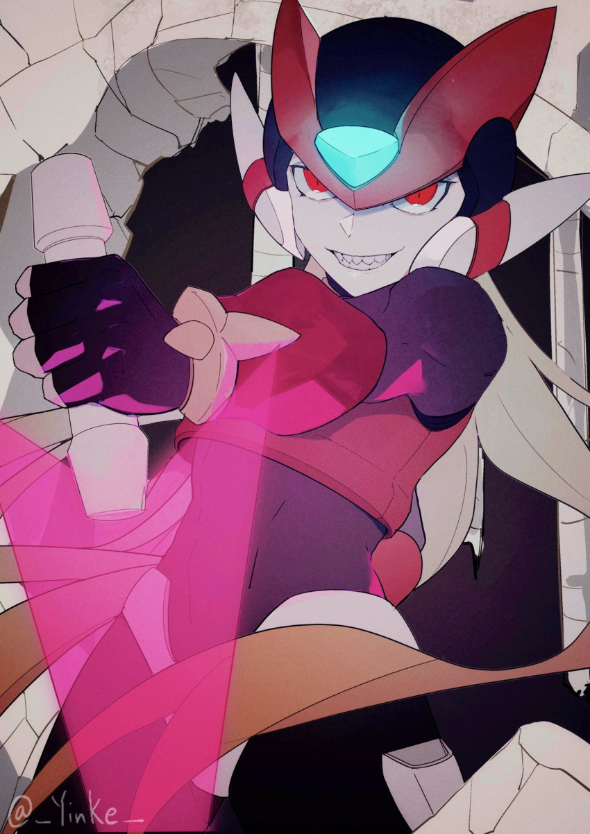 1boy armor cowboy_shot crop_top crotch_plate energy_sword forehead_jewel glowing highres holding holding_sword holding_weapon male_focus mega_man_(series) mega_man_zero_(series) omega_(mega_man) red_armor red_eyes red_helmet sharp_teeth smirk solo sword teeth twitter_username weapon yinke