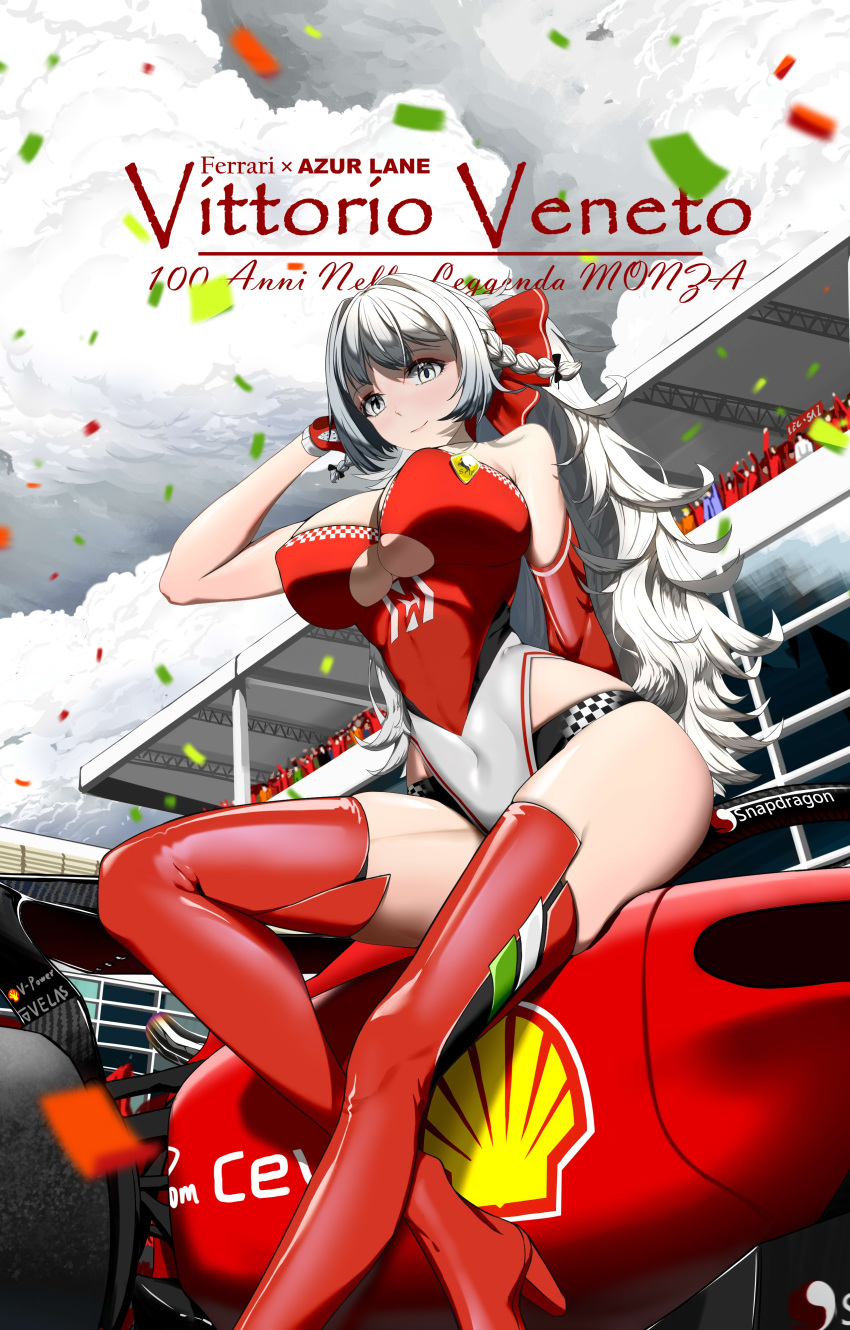 1girl absurdres alternate_costume asymmetrical_gloves azur_lane black_panties blue_sky boots bow breasts car chinese_commentary clothing_cutout cloud confetti covered_nipples elbow_gloves ferrari formula_one from_below gloves grey_hair ground_vehicle hair_bow hand_in_own_hair high_heel_boots high_heels highleg highleg_leotard highres italian_flag kangkehuohuohuo large_breasts leotard logo long_hair looking_at_viewer motor_vehicle outdoors panties panties_under_leotard panty_straps race_queen race_vehicle racecar racetrack red_bow red_footwear red_leotard shell_(company) single_elbow_glove skindentation sky strapless strapless_leotard thigh_boots thighs two-tone_leotard underboob_cutout underwear vittorio_veneto_(azur_lane) white_eyes white_leotard