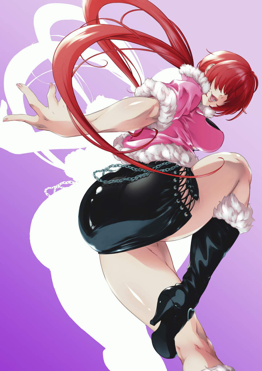 1girl absurdres ass bangs black_skirt breasts cleavage_cutout clothing_cutout cropped_jacket facing_viewer fur-trimmed_jacket fur_trim hair_over_eyes high-waist_skirt highres jacket kyuugata long_bangs miniskirt open_mouth pencil_skirt shermie_(kof) side_slit skirt snk solo split_ponytail the_king_of_fighters the_king_of_fighters_xv