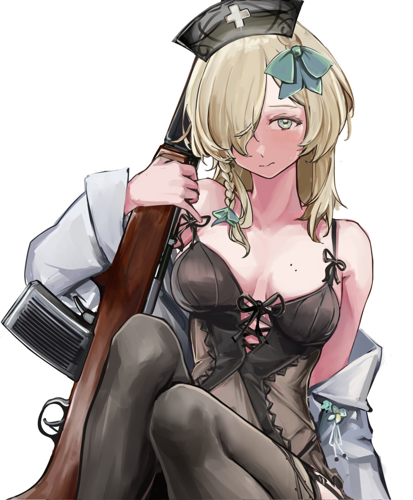 1girl aqua_bow aqua_eyes assault_rifle battle_rifle black_thighhighs blonde_hair bow braid breasts fedorov_(girls'_frontline) fedorov_avtomat girls'_frontline gun hair_bow hair_over_one_eye hat highres holding holding_gun holding_weapon lithographica looking_at_viewer mole mole_on_breast multiple_moles nurse_cap off_shoulder official_alternate_costume rifle simple_background sitting solo thighhighs weapon white_background