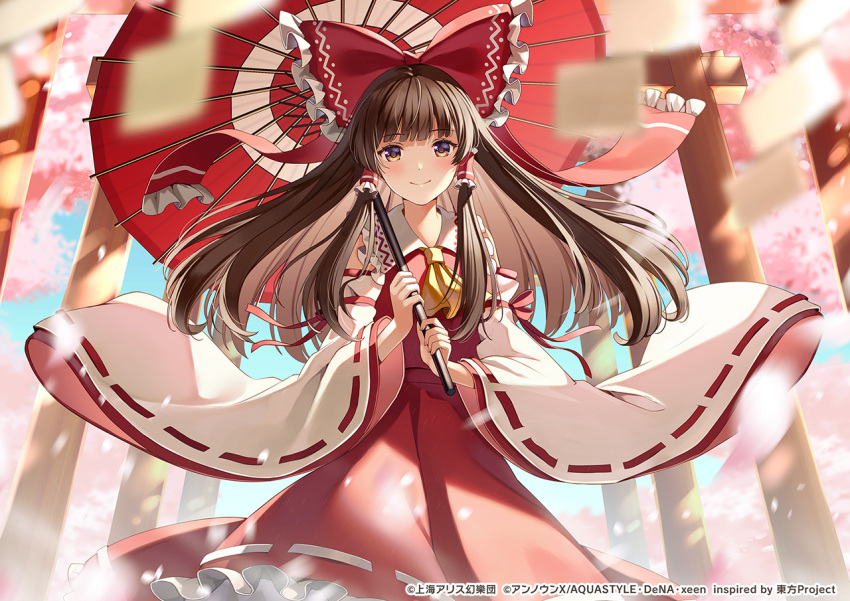 1girl ascot banned_artist blurry blurry_background blurry_foreground blush brown_eyes brown_hair closed_mouth commentary_request depth_of_field detached_sleeves frilled_skirt frills hair_tubes hakurei_reimu holding holding_umbrella long_hair long_sleeves looking_at_viewer official_art oil-paper_umbrella red_shirt red_skirt red_umbrella ribbon-trimmed_skirt ribbon-trimmed_sleeves ribbon_trim shirt skirt sleeveless sleeveless_shirt smile solo touhou umbrella very_long_hair white_sleeves wide_sleeves yellow_ascot yuuka_nonoko