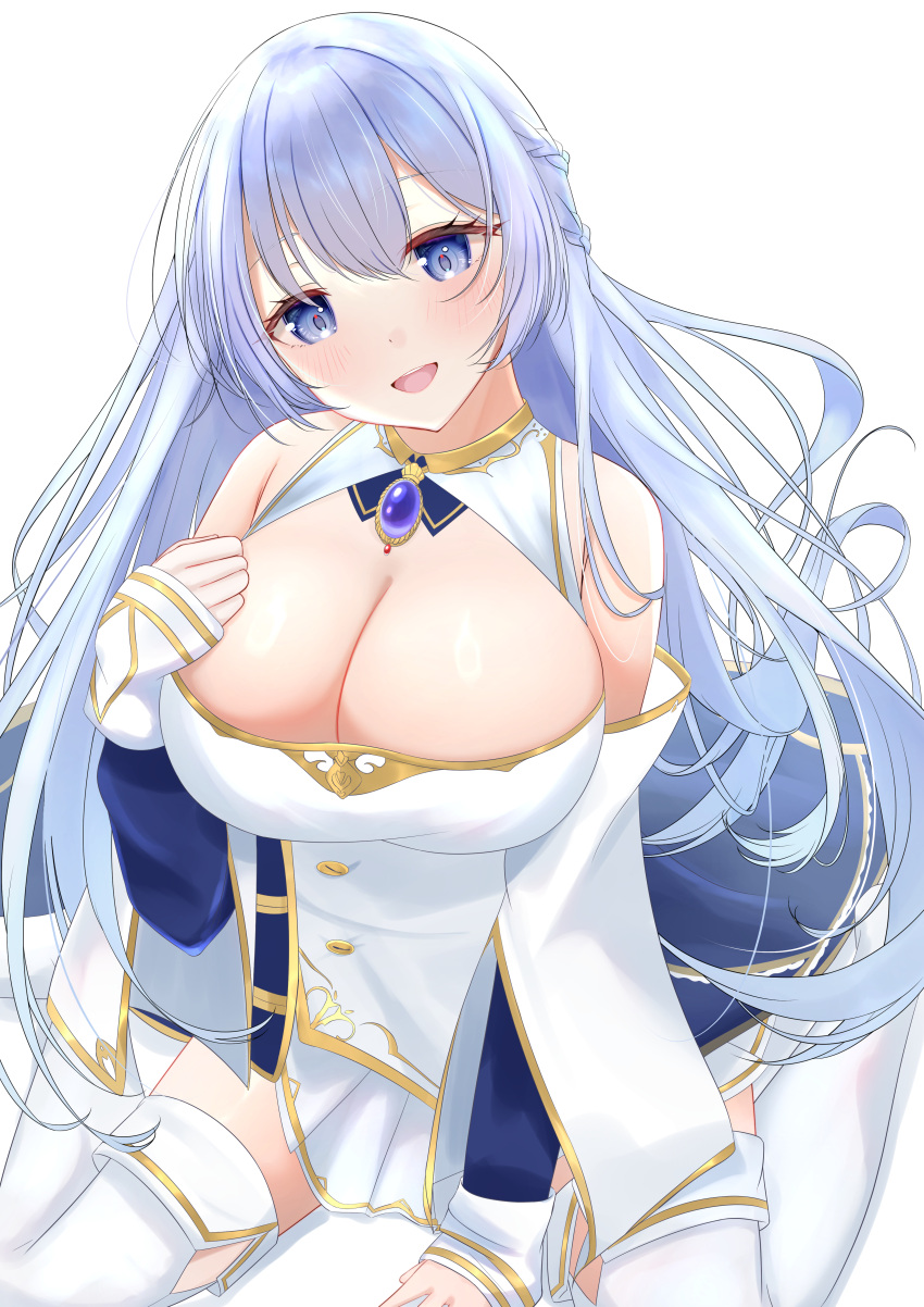 1girl :d absurdres arm_support azur_lane blue_cape blue_eyes blue_gemstone blue_hair braid breasts brooch buttons cape cleavage collared_dress detached_sleeves dot_nose dress floating_hair from_above gem gold_trim hair_between_eyes hair_intakes half_updo hand_on_own_chest head_tilt highres jewelry large_breasts light_blue_hair light_blush long_hair looking_at_viewer rodney_(azur_lane) short_dress simple_background sitting sleeve_cuffs sleeveless sleeveless_dress smile thighhighs tsuri_pi wariza white_background white_dress white_thighhighs