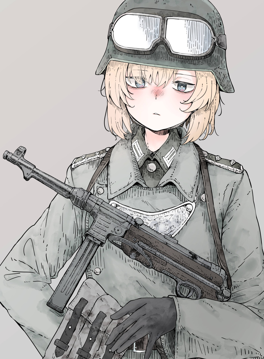 1girl absurdres black_gloves commission expressionless gloves green_jacket grey_background gun highres jacket looking_at_viewer military_uniform mp40 original shichisaburo skeb_commission solo submachine_gun uniform weapon wehrmacht world_war_ii