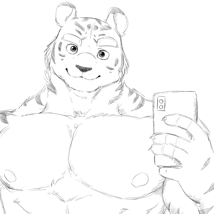 1:1 5_fingers absurd_res anthro cellphone claws electronics eyebrows felid fingers fur hi_res holding_cellphone holding_object holding_phone holding_smartphone looking_at_viewer male mammal monochrome muscular muscular_anthro muscular_male pantherine pecs phone smartphone smile smiling_at_viewer solo striped_body striped_fur stripes tiger witherrose1