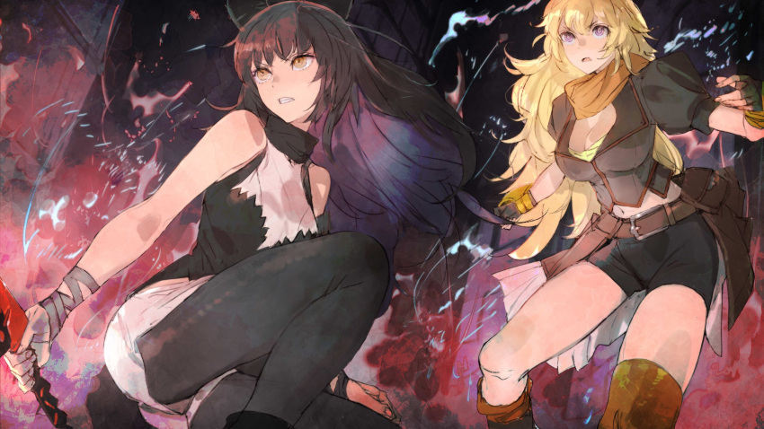 2girls belt belt_pouch black_bow black_gloves black_hair black_pantyhose black_shorts blake_belladonna blonde_hair bow breasts brown_belt brown_shirt cleavage clenched_teeth commentary_request end_card fingerless_gloves fire floating_hair gloves hair_bow highres holding holding_weapon kneeling large_breasts long_hair looking_ahead medium_breasts midriff multiple_girls navel official_art orange_scarf pantyhose parted_lips pouch puffy_short_sleeves puffy_sleeves purple_eyes rwby rwby_ice_queendom scarf second-party_source shirt short_shorts short_sleeves shorts standing teeth toi8 v-shaped_eyebrows wavy_hair weapon white_shorts yang_xiao_long yellow_eyes