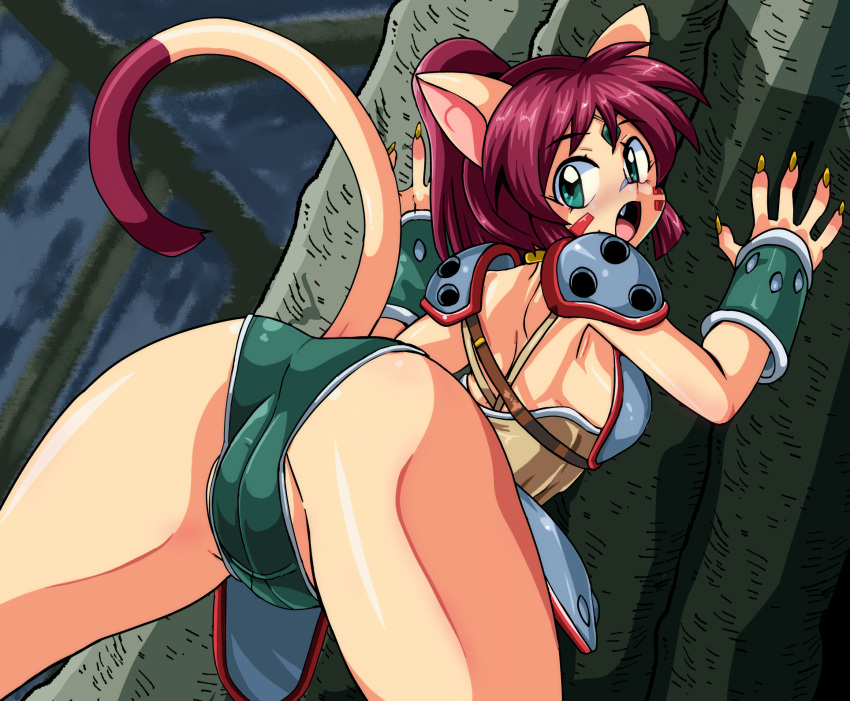 1girl against_tree animal_ears armor ass bracer breastplate brown_hair brown_shirt cameltoe cat_ears cat_girl cat_tail claws facial_mark fang forehead_jewel forest from_behind green_eyes green_shorts highres kanriken kouryuu_densetsu_villgust leaning_forward long_hair looking_back nature open_mouth outdoors ponytail presenting ryuquir_(villgust) shirt short_shorts shorts shoulder_armor solo tail thighs tree