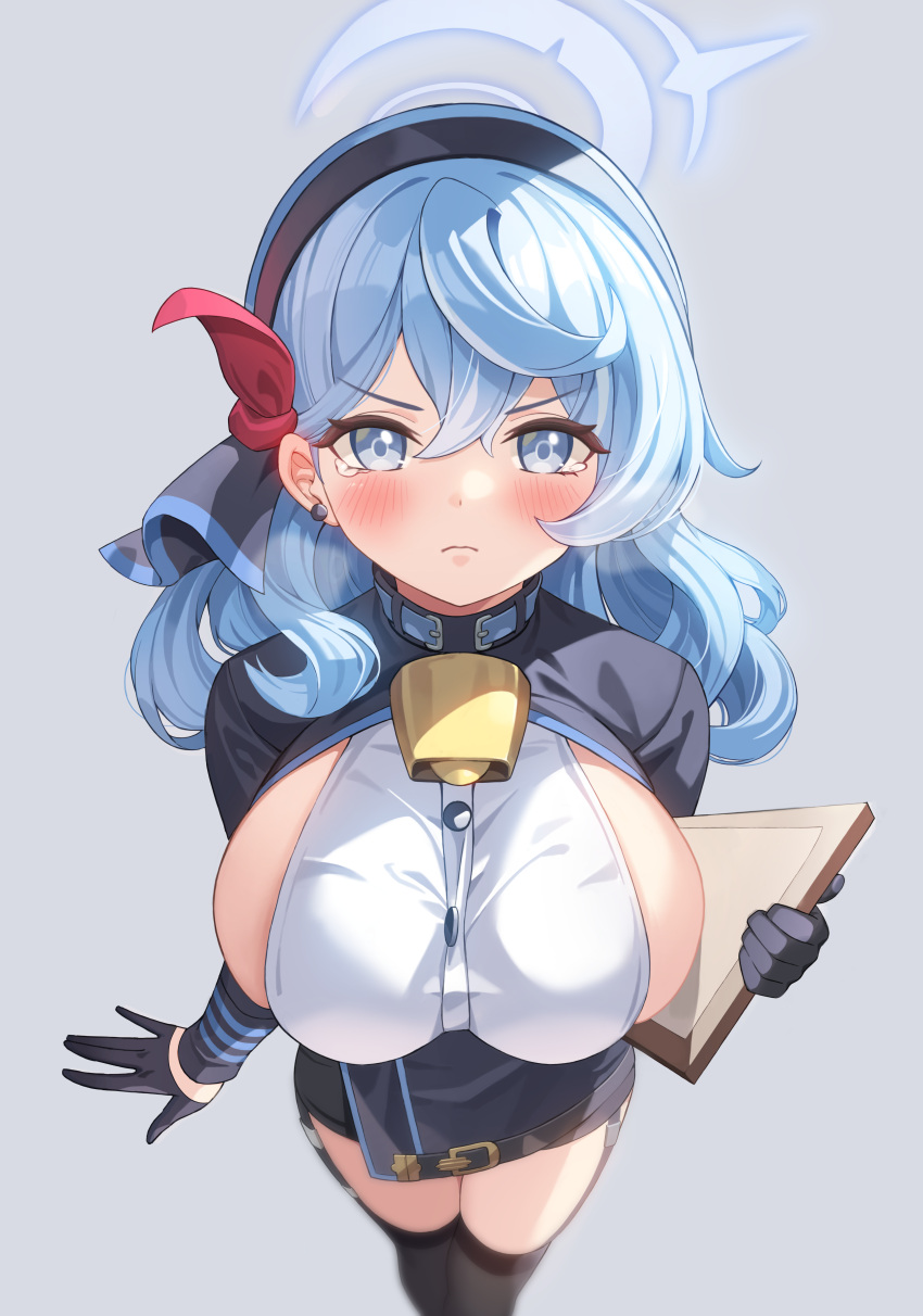 1girl absurdres ako_(blue_archive) arm_at_side bell black_gloves blue_archive blue_eyes blue_hair blue_jacket blush breasts buttons clipboard closed_mouth cowbell double-breasted frown gloves grey_background halo highres holding holding_clipboard jacket large_breasts looking_at_viewer neck_bell nolan shirt shrug_(clothing) sideboob simple_background sleeveless sleeveless_shirt solo tearing_up v-shaped_eyebrows white_shirt