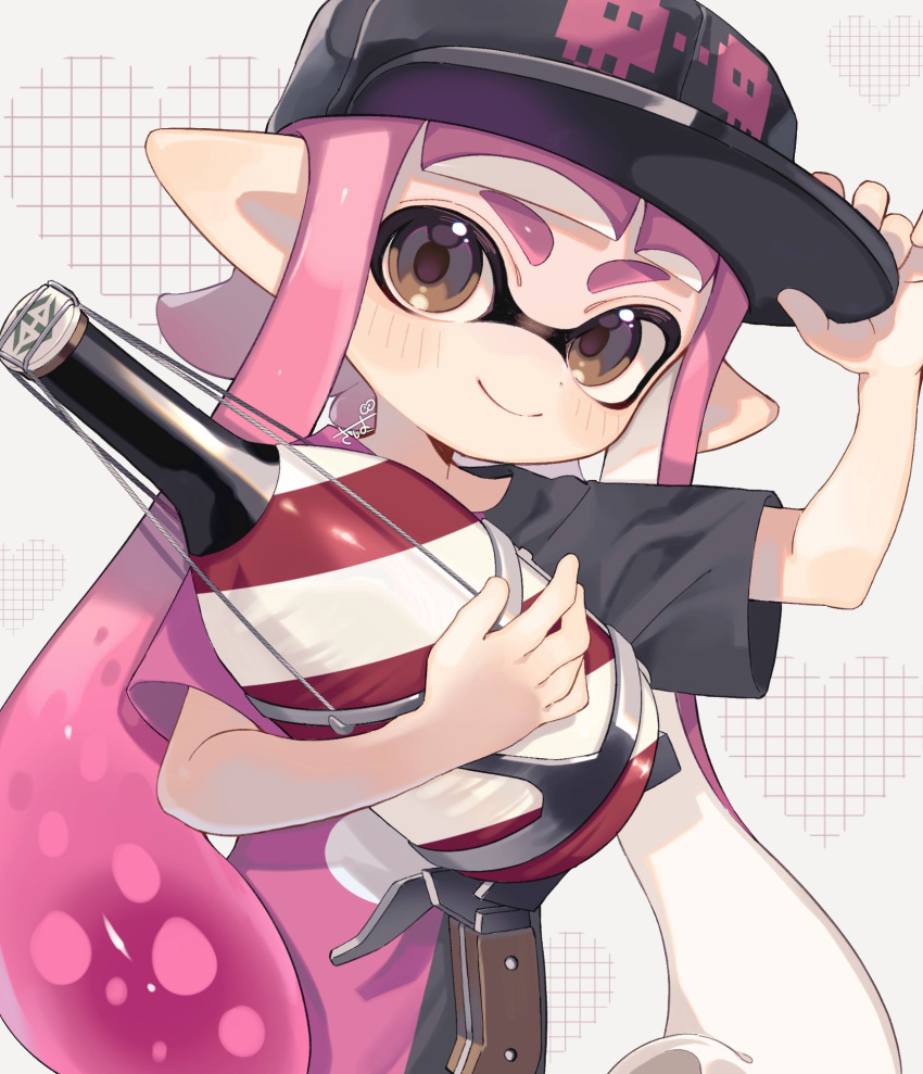 1girl arm_up baseball_cap black_hat black_shirt blunt_bangs blush brown_eyes closed_mouth hand_on_headwear hat heart heart_background highres holding holding_weapon inkling_girl inkling_player_character long_hair looking_at_viewer pink_hair pink_shirt pointy_ears sahata_saba shirt short_sleeves signature smile solo splatoon_(series) squeezer_(splatoon) tentacle_hair two-tone_shirt upper_body weapon white_background