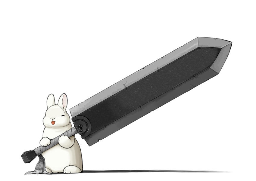 animal animal_focus berserk closed_eyes commentary_request dragonslayer_(sword) holding holding_sword holding_weapon huge_weapon lilac_(p-f_easy) open_mouth rabbit simple_background sword weapon weapon_focus white_background white_rabbit_(animal)