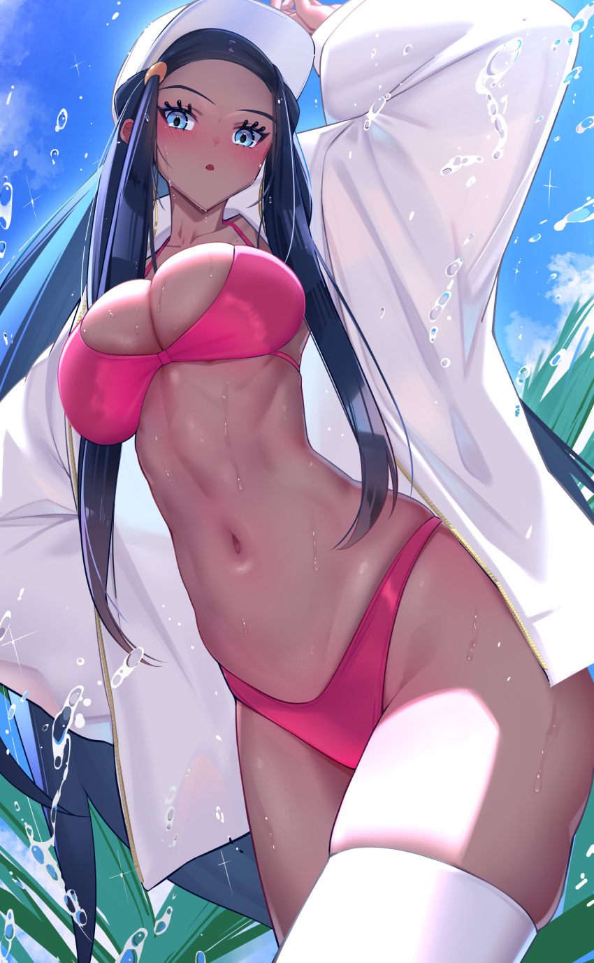 1girl baseball_cap bikini black_hair blue_eyes blue_eyeshadow blush breasts cleavage dark-skinned_female dark_skin eyeshadow haska_(user_gure4787) hat highres large_breasts long_hair long_sleeves looking_at_viewer makeup navel nessa_(pokemon) open_mouth pokemon pokemon_swsh sidelocks solo swimsuit thighhighs thighs