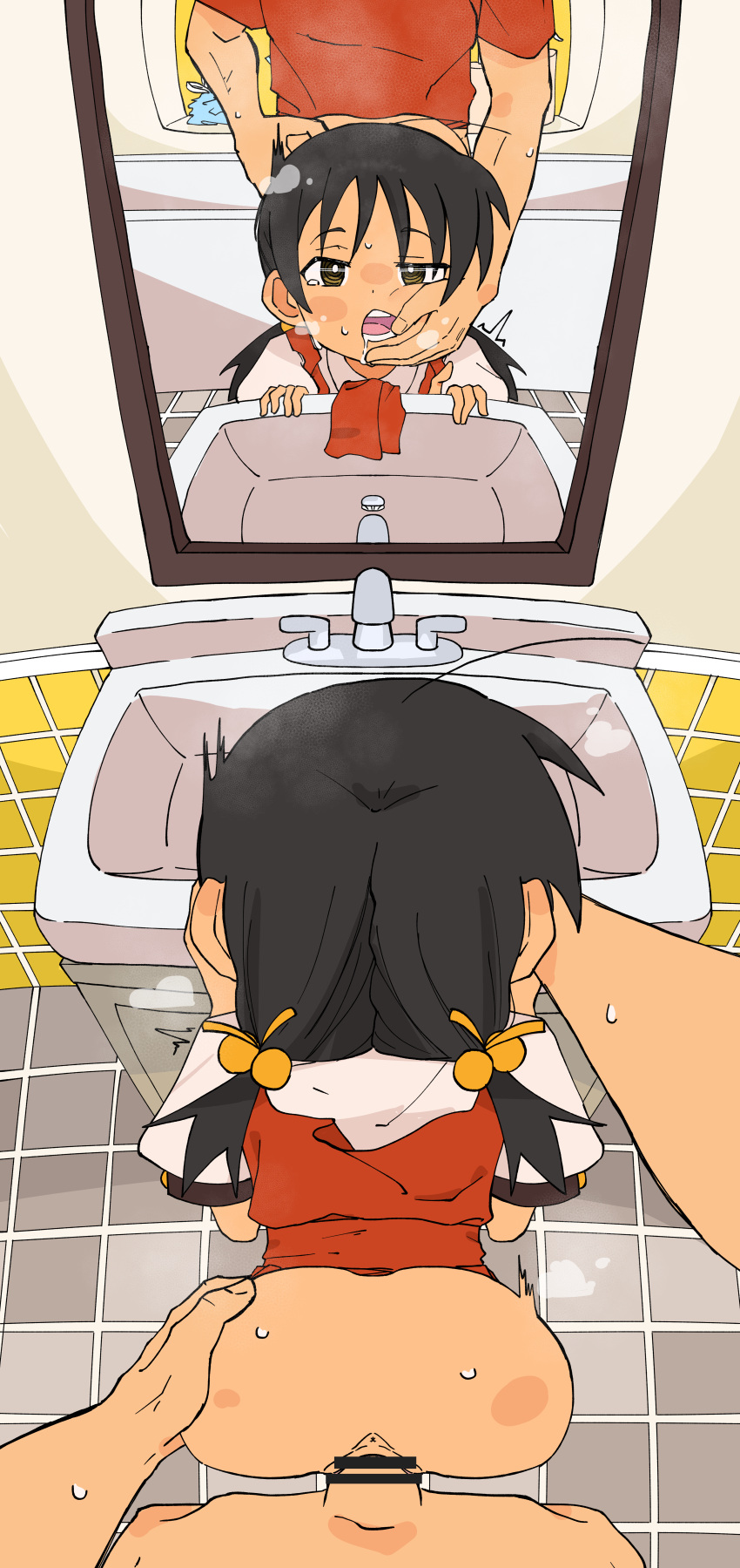1boy 1girl absurdres ass ass_grab clothed_sex doggystyle greyscale hair_bobbles hair_ornament hetero highres kaai_yuki kyoufuu_all_back_(vocaloid) looking_at_mirror low_twintails mirror monochrome penis pov pussy reflection ringed_eyes sex twintails vocaloid yellow_eyes zlix0n