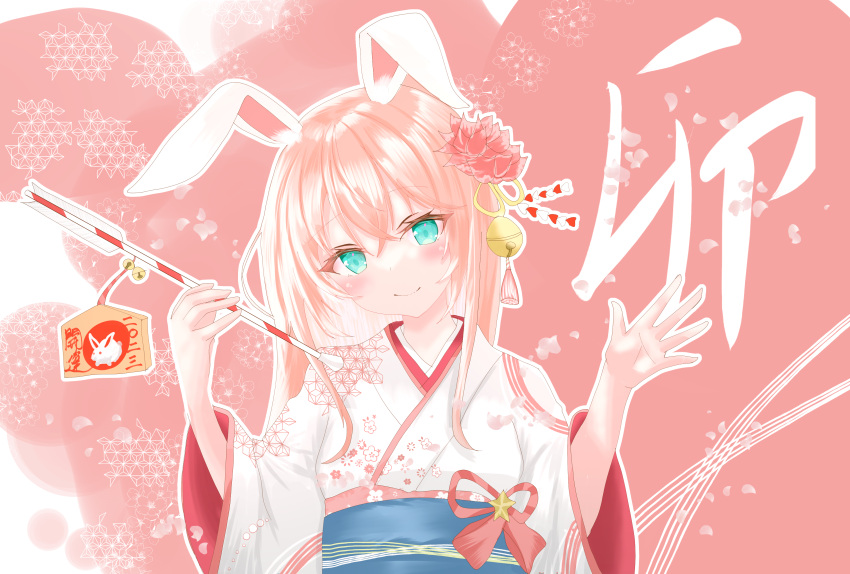 1girl absurdres animal_ears arrow_(projectile) bell blue_eyes chickenbstrip flower hair_bell hair_flower hair_ornament hamaya head_tilt highres holding holding_arrow japanese_clothes kanzashi kimono looking_at_viewer original pink_background rabbit_ears rabbit_girl smile solo upper_body