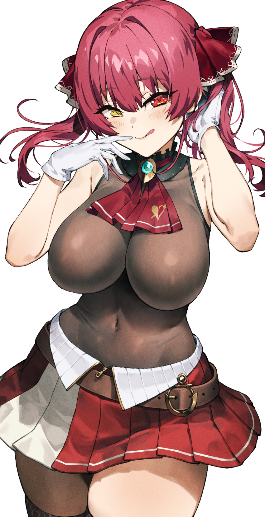 1girl absurdres ascot blush breasts chyko7080 covered_navel gloves hair_between_eyes hair_ribbon heterochromia highres hololive houshou_marine houshou_marine_(1st_costume) large_breasts leotard licking_lips long_hair looking_at_viewer pleated_skirt red_ascot red_eyes red_hair red_ribbon red_skirt ribbon see-through see-through_leotard skirt sleeveless smile solo tongue tongue_out twintails virtual_youtuber white_gloves yellow_eyes