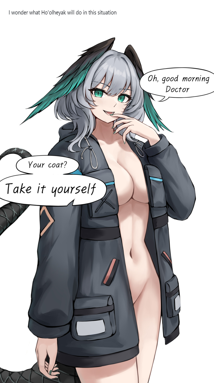 1girl :d absurdres aqua_eyes arknights black_coat breasts coat commentary cosplay cowboy_shot daisy_cutter doctor_(arknights) doctor_(arknights)_(cosplay) grey_hair groin head_wings highres ho'olheyak_(arknights) large_breasts long_sleeves looking_at_viewer navel open_clothes open_coat open_mouth short_hair simple_background smile solo speech_bubble standing stomach thighs white_background wings