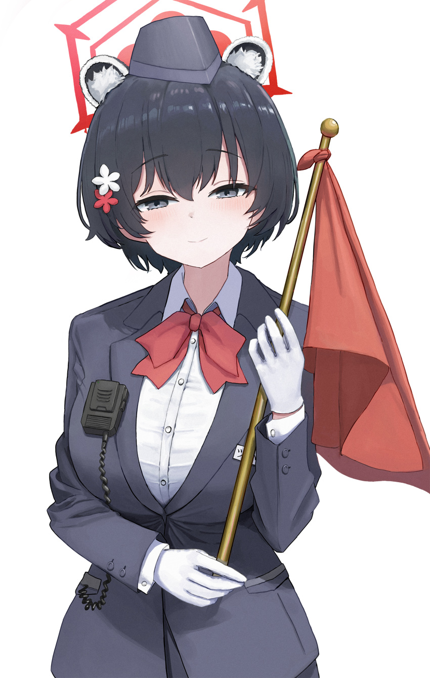 1girl absurdres animal_ears black_eyes black_hair blue_archive blush breasts commentary elbow_gloves flag gloves hair_between_eyes halo highres large_breasts looking_at_viewer mikka_(537125) raccoon_ears red_gloves red_halo red_sailor_collar red_skirt sailor_collar short_hair simple_background skirt solo tassel tsubaki_(blue_archive) tsubaki_(guide)_(blue_archive) white_background