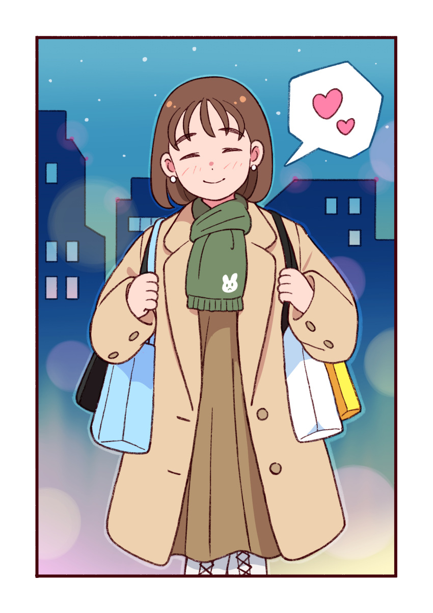 1girl aragon_honnin bag blush brown_coat brown_hair closed_mouth coat earrings green_scarf handbag heart highres holding holding_bag jewelry original scarf shopping_bag short_hair smile solo speech_bubble spoken_heart