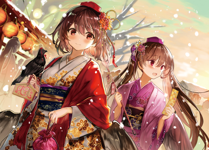 2girls animal arrow_(projectile) bird bird_wings black_hair black_wings blush brown_hair closed_mouth crow ema feathered_wings fuupu hair_between_eyes hamaya hat himekaidou_hatate holding holding_phone japanese_clothes kimono long_hair long_sleeves multiple_girls obi open_mouth phone purple_eyes purple_headwear purple_kimono red_eyes red_headwear sash shameimaru_aya short_hair smile tokin_hat touhou twintails white_kimono wide_sleeves wings