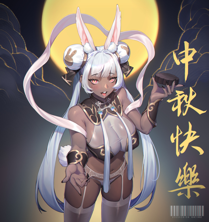 1girl absurdres animal_ears black_hair black_nails breasts chinese_text cloud covered_nipples dark_skin fringe_trim from_above fur garter_belt garter_straps hair_intakes halterneck highres large_breasts long_hair looking_at_viewer looking_up low_twintails moon navel open_mouth original outstretched_arm panties rabbit_ears rabbit_tail see-through sidelocks solo standing tail thighhighs translation_request twintails underwear underwear_only vambraces white_hair white_panties white_thighhighs xhe_1992 yellow_eyes
