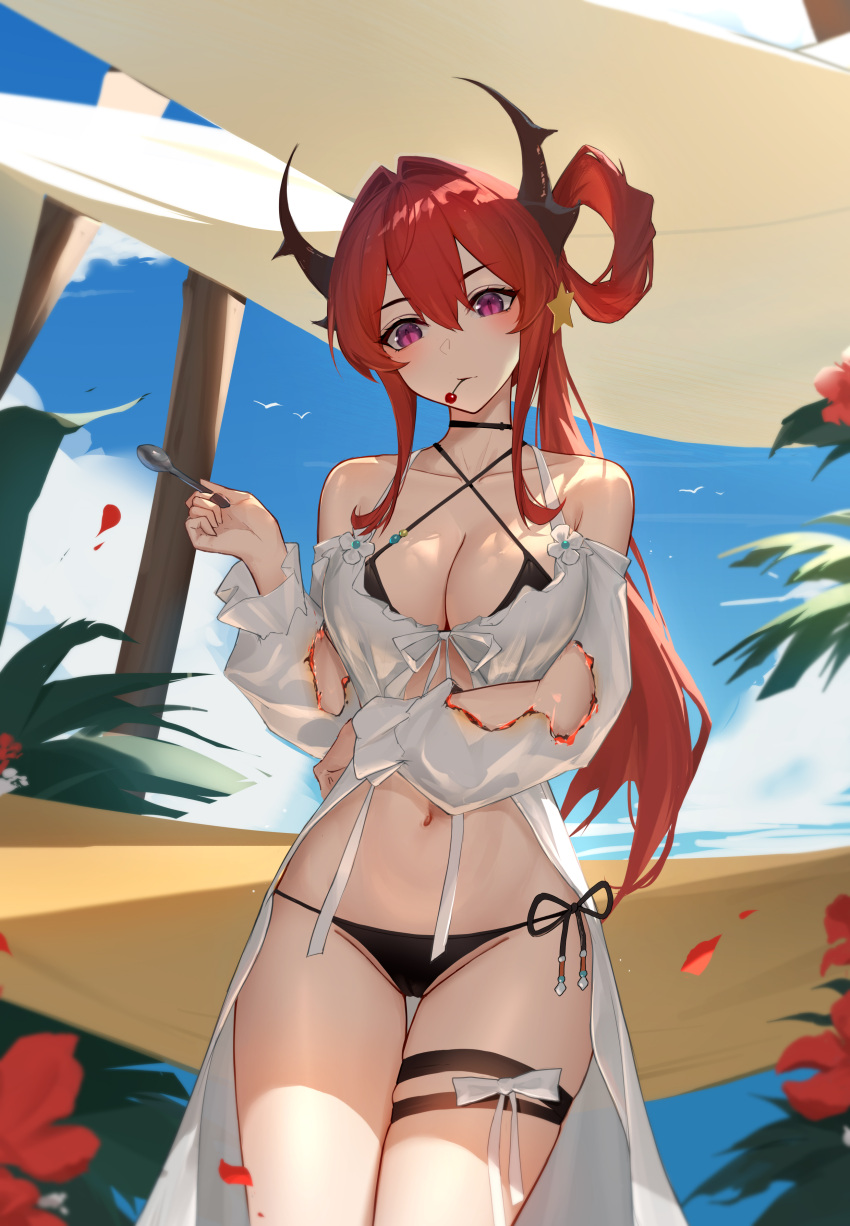 1girl absurdres anming arknights arm_around_waist bare_shoulders bikini black_bikini black_choker black_ribbon blue_sky blush breasts burnt_clothes cherry choker cleavage collarbone cowboy_shot criss-cross_halter day detached_sleeves food fruit groin hair_intakes hair_ornament hair_rings halterneck hammock head_tilt highres holding holding_spoon horns large_breasts long_hair long_sleeves looking_at_viewer mouth_hold navel outdoors purple_eyes red_hair ribbon side-tie_bikini_bottom sidelocks sky solo spoon star_(symbol) star_hair_ornament surtr_(arknights) swimsuit thigh_gap thigh_strap very_long_hair