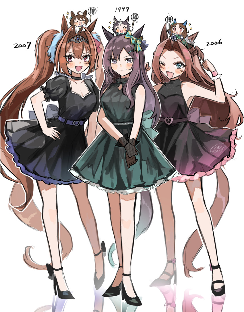 6+girls absurdres agnes_tachyon_(umamusume) ahoge alternate_costume animal_ears antenna_hair aqua_bow arm_at_side armpits bare_shoulders black_dress black_footwear black_gloves blue_eyes bow braid breasts brown_hair cleavage clenched_hands closed_eyes collarbone commentary daiwa_scarlet_(umamusume) doting_parent dress ear_bow ear_covers fang fishnet_gloves fishnets gloves hair_between_eyes hair_intakes hair_ornament hairclip hand_on_own_hip hand_on_own_wrist high_heels highres holding horse_ears horse_girl horse_tail kawakami_princess_(umamusume) king_halo_(umamusume) kumo_(mokumoku_warabi) lab_coat long_hair long_sleeves looking_at_viewer mejiro_dober_(umamusume) mejiro_ryan_(umamusume) mini_person minigirl multiple_girls on_head one_eye_closed one_side_up open_mouth person_on_head purple_eyes red_eyes reflection see-through short_hair sidelocks skin_fang sleeves_past_fingers sleeves_past_wrists smug sparkle standing striped_bow tail tiara trait_connection umamusume very_long_hair yellow_bow