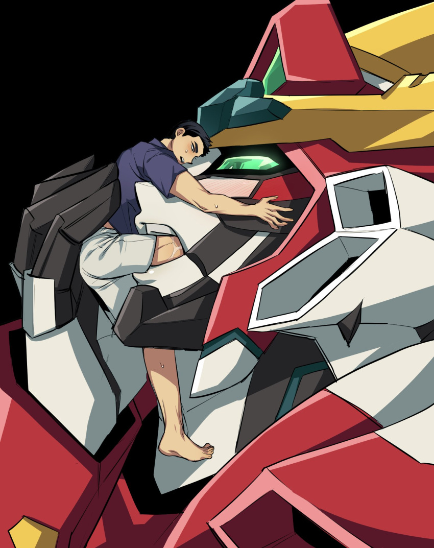 2boys ao_isami ass black_hair blush bravern couple facial_hair giant giant_male gonggye_hs highres imminent_vore male_focus mecha multiple_boys official_alternate_costume robot saliva shorts sideburns_stubble size_difference stubble super_robot thick_eyebrows upper_body yaoi yuuki_bakuhatsu_bang_bravern