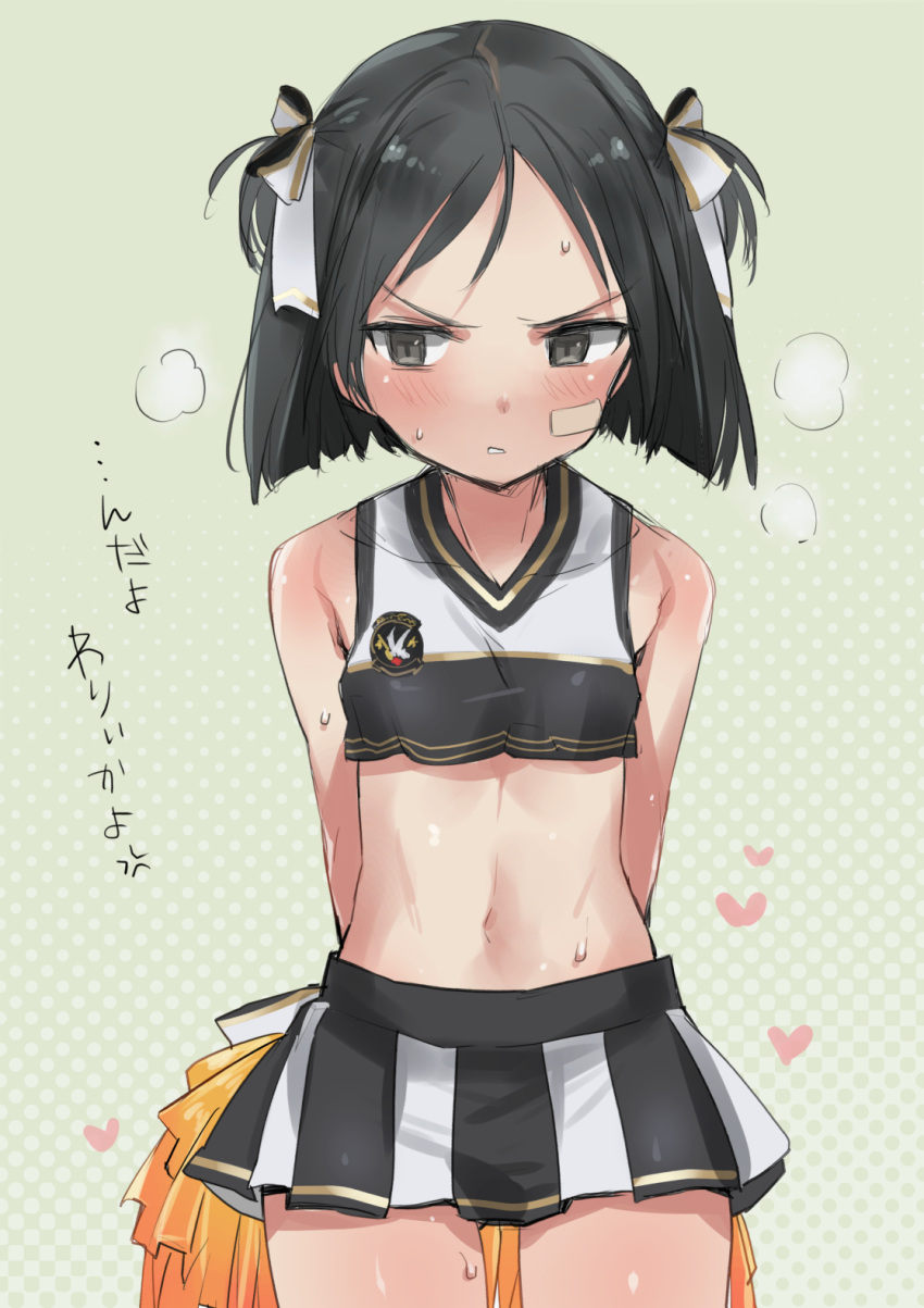 1girl aohashi_ame bare_shoulders black_hair blush brave_witches breasts embarrassed grey_eyes hair_ribbon highres kanno_naoe midriff miniskirt navel polka_dot polka_dot_background pom_pom_(cheerleading) ribbon short_hair simple_background skirt small_breasts solo world_witches_series