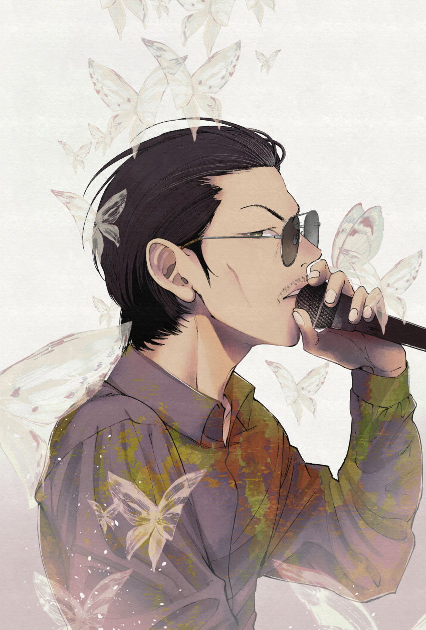 1boy absurdres black_hair bug cheekbones facial_hair grey_shirt hair_slicked_back harumachi_(hi-sugar) highres holding holding_microphone long_sleeves male_focus microphone moth mustache real_life ryoff_karma shirt solo sunglasses upper_body white_background