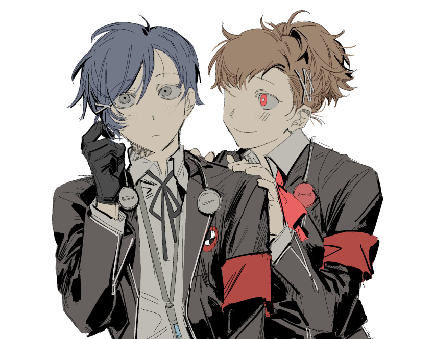 192_saioma 1boy 1girl armband black_gloves blue_hair brown_hair collared_shirt digital_media_player facing_viewer gekkoukan_high_school_uniform gloves grey_eyes hair_ornament hairpin headphones headphones_around_neck highres jacket looking_at_another open_clothes open_jacket persona persona_3 persona_3_portable ponytail red_eyes s.e.e.s school_uniform shiomi_kotone shirt short_hair sketch smile upper_body white_background white_shirt yuuki_makoto_(persona_3)