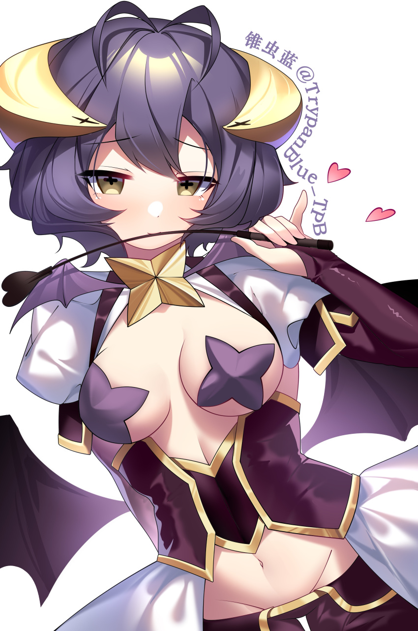 1girl absurdres antenna_hair breasts corset covering_own_mouth cross-shaped_pupils demon_horns elbow_gloves gloves groin hair_between_eyes heart highres holding_riding_crop horns light_blush looking_at_viewer low_wings lowleg lowleg_pants magia_baiser mahou_shoujo_ni_akogarete navel pants pasties purple_corset purple_gloves purple_pants riding_crop short_hair shrug_(clothing) signature simple_background small_breasts solo star_pasties symbol-shaped_pupils user_xnxd5734 white_background wings yellow_eyes