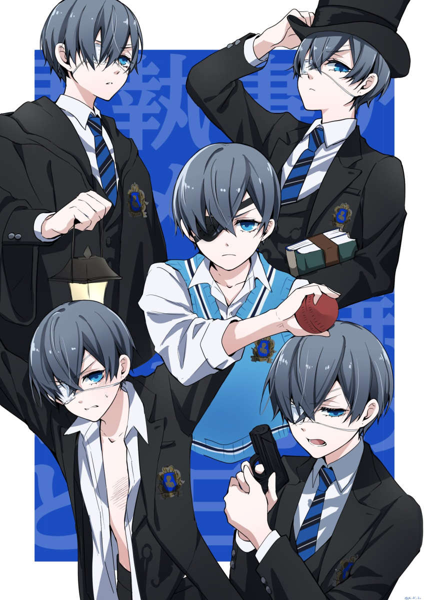 1boy adjusting_clothes adjusting_headwear badge ball bishounen black_coat black_hat blue_background blue_eyes blue_hair blue_necktie blue_vest book border ciel_phantomhive closed_mouth coat collarbone collared_shirt dark_blue_hair eyepatch gun hair_over_one_eye hat highres holding holding_ball holding_book holding_gun holding_lantern holding_weapon jacket kuroshitsuji lantern male_focus medical_eyepatch necktie open_clothes open_jacket open_mouth open_shirt shirt short_hair small_sweatdrop solo text_background top_hat upper_body variations vest weapon white_border white_shirt yu_ki_koo