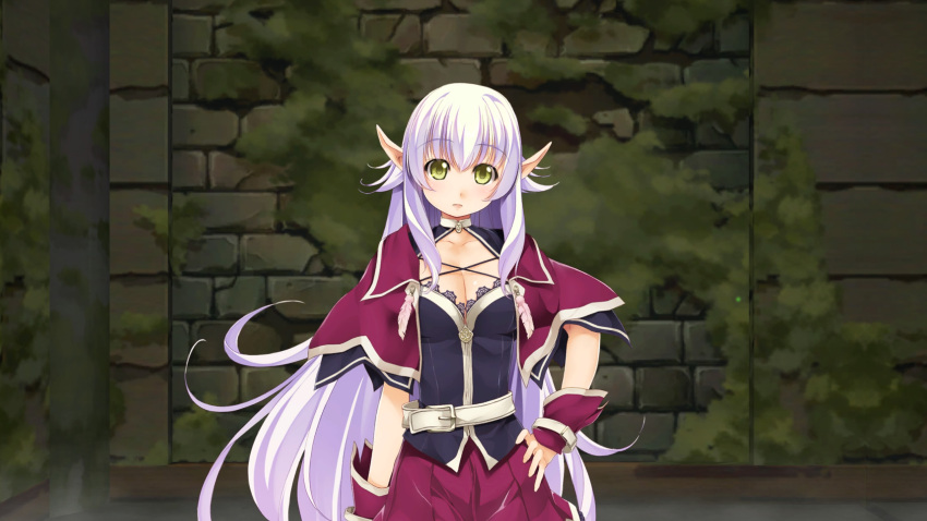 1girl atelier-moo belt breasts cleavage cloak closed_mouth cowboy_shot dark_elf detached_sleeves dungeon elf hair_between_eyes hand_on_own_hip highres large_breasts long_hair long_pointy_ears looking_at_viewer miniskirt narrow_waist pointy_ears purple_cloak purple_hair silvia_milsteen skirt solo standing very_long_hair wizards_symphony yellow_eyes